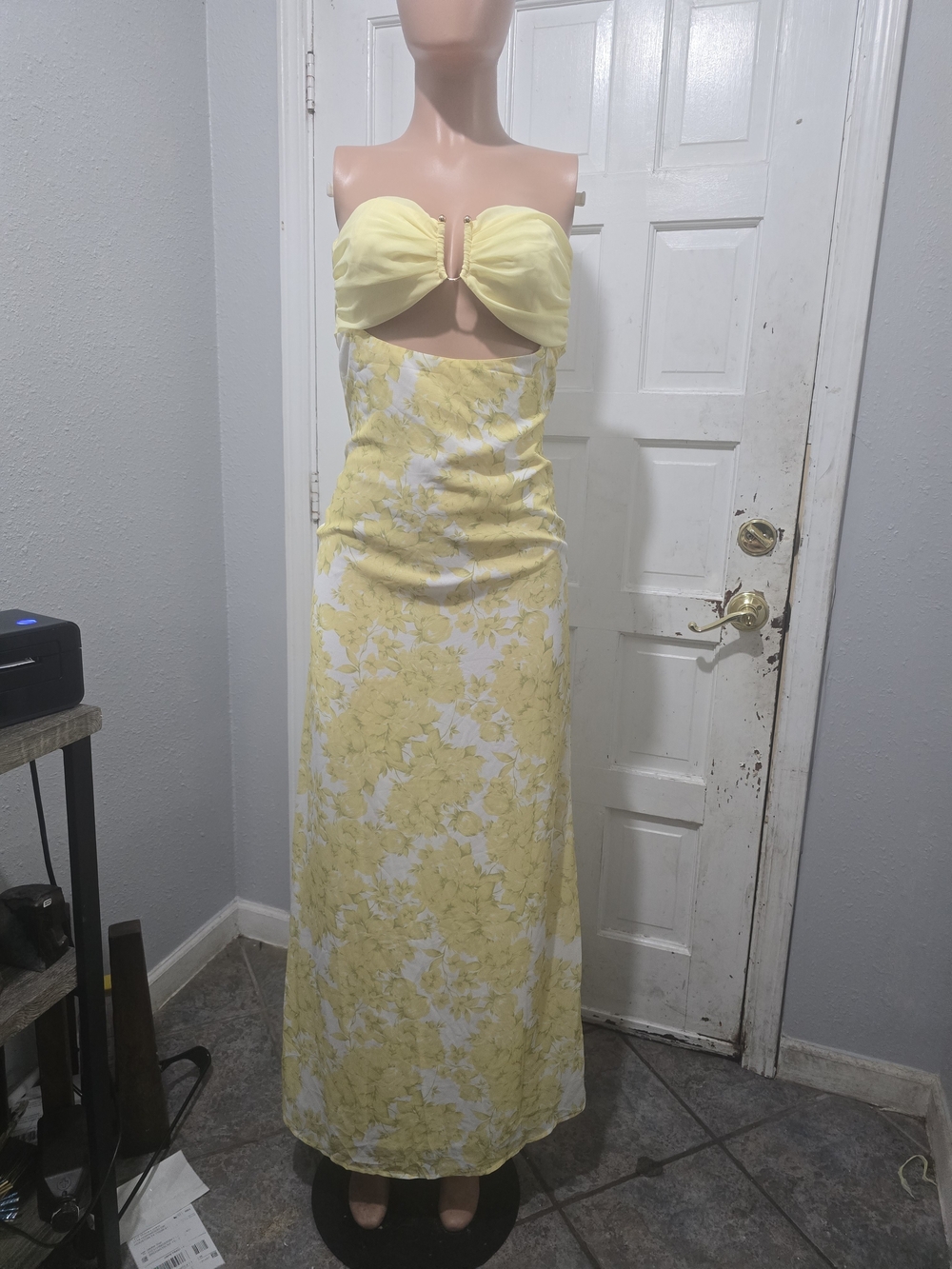 Peppermayo Pale Yellow Floral Strapless Cutout Maxi Dress - Picture 6 of 11
